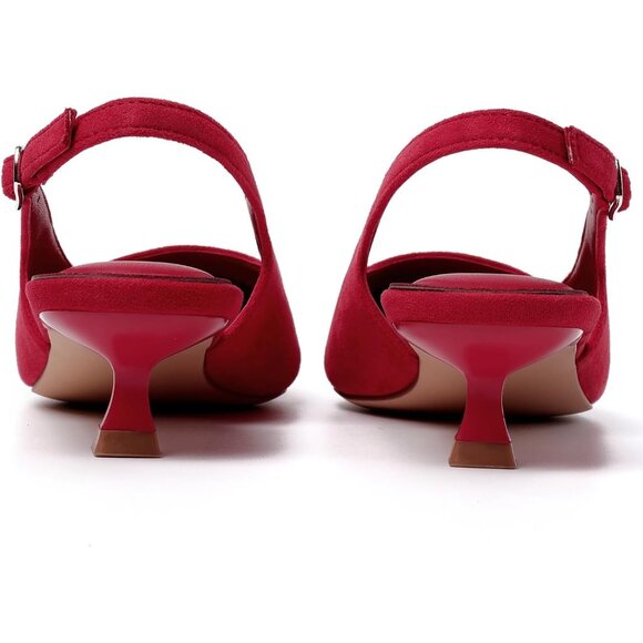 Women's Red Suede Pointed Closed Toe Slingback Kitten Heels Pumps Party Shoes - Picture 6 of 9